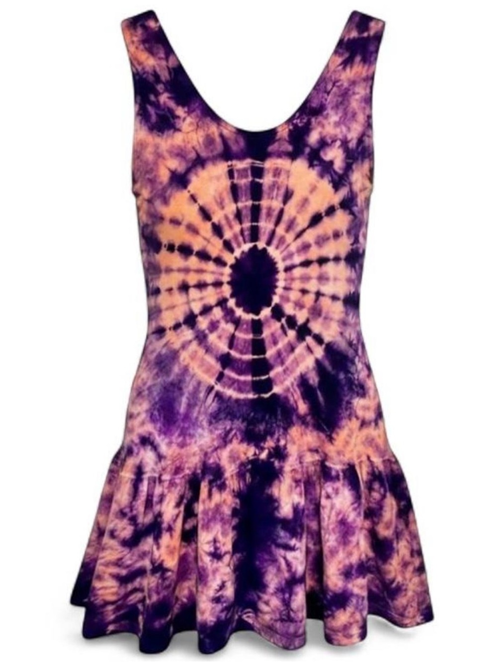 Vintage 90s DIY Handmade Tie Dye Purple & Peach Babydoll Dress Mandala Sunburst